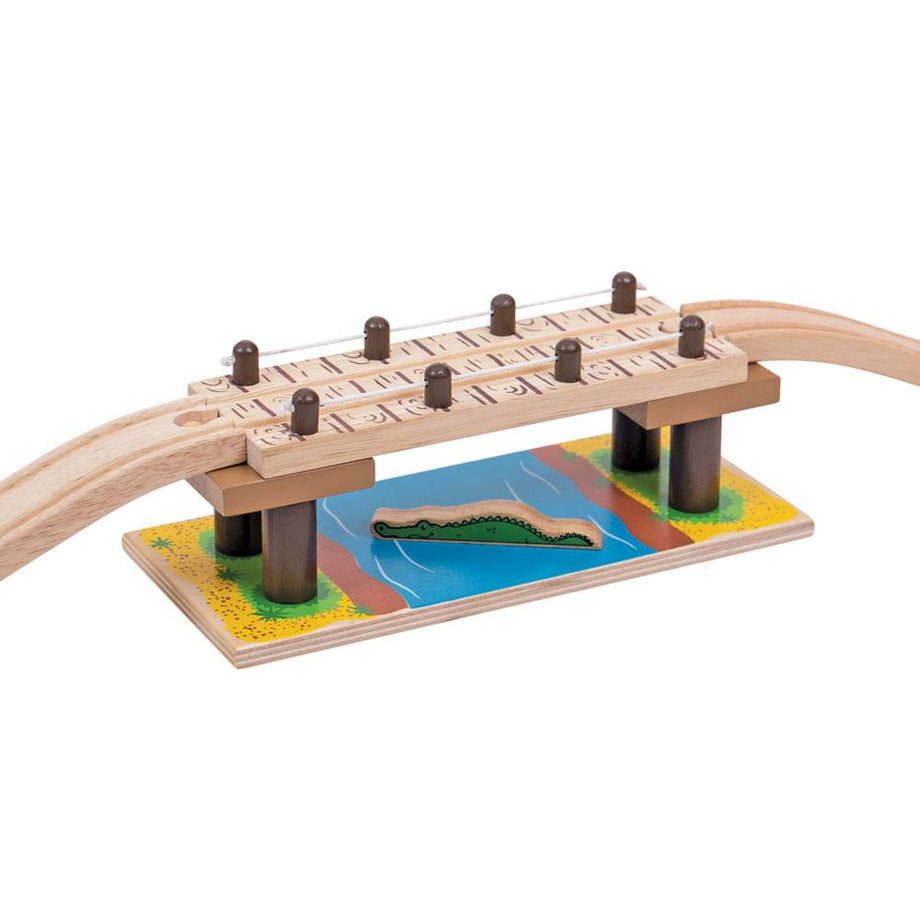 Wooden train set with clearance bridge